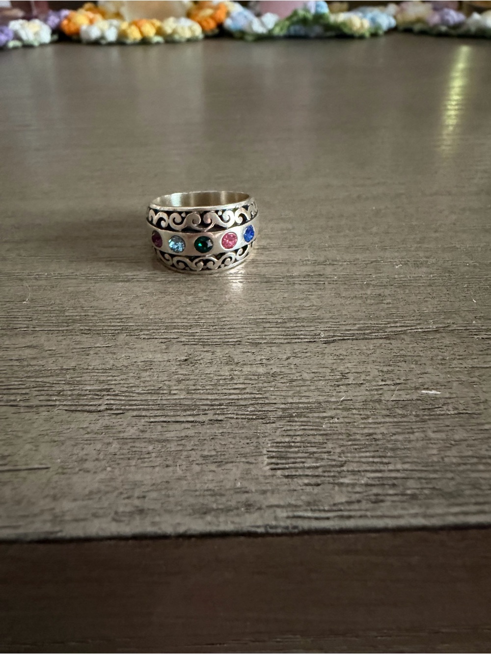 Brighton Silver Scroll Band Ring with Multicolored Stones